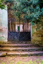 Entrance in an old mansion with stairs full of leaves and a rusty fence Royalty Free Stock Photo