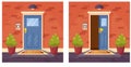 Entrance open and closed street doors to apartment. House facade. Peephole and doorknob. City architecture exterior