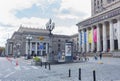 The entrance of the Palace of Culture and Science Palac Kultury i Nauki or PKiN in Warsaw, Poland.