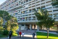 Entrance and people of La Cite Radieuse building by the architect Le Corbusier a Unesco world heritage site in Marseille France Royalty Free Stock Photo