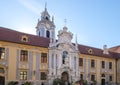 Entrance Portal and blue spire Abbey Church, Durnstein, Austria Royalty Free Stock Photo