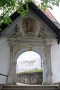 Entrance portal, Church of Birth of Virgin Mary in Sveta Marija pod Okicem, Croatia