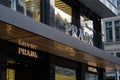 Entrance of Prada boutique in Zurich Switzerland. Italian fashion house is famous for leather handbags, travel accessories.