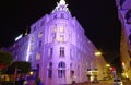 Entrance of prestigious Hotel Atlantic in Hamburg Germany Europe with pages in the night one day after the end of the G20 summit i