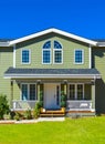 Entrance of residential house with door steps in front and blue sky background