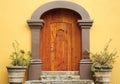 Entrance of residential house with wooden door and outdoor plants Royalty Free Stock Photo