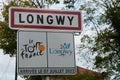 Entrance road sign to the city of Longwy, in Meurthe et Moselle, arrival stage of the Tour de France cyclist in July 2022 Royalty Free Stock Photo
