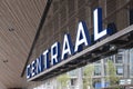 Entrance of the Rotterdam Centraal railway station with name on the front in the Netherlands