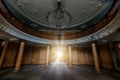 Entrance round hall with chandelier at the abandoned palace. Former sanatorium Metallurg, Tskaltubo, Georgia