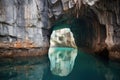 entrance of a sea cave, water reflections on walls