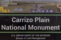 Entrance sign of Carrizo Plain National monument, is large enclosed grass lands in California