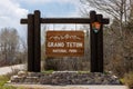 Entrance sign into Grand Teton National Park near the town of Moran in western Wyoming Royalty Free Stock Photo