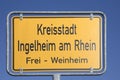 Entrance sign of Ingelheim at river Rhine in Germany Royalty Free Stock Photo