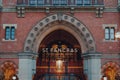 Entrance sign of St. Pancras Renaissance five-star luxury hotel in St. Pancras international railway station, London, UK