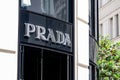 The entrance and storefront of Prada shop which sells luxury goods