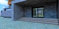 Entrance swing door to a cozy country house. Glass inserts. Porch trim in gray slate. Comfortable steps made of concrete. 3d