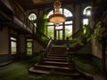 Entrance with symmetrical stairs of an abandoned casino. Sunlight shines through the windows and lights the darkness