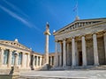 Entrance to Academy of Athens, Greece, and column with statue of Athena, ancient Greek goddess, patron of city, in Royalty Free Stock Photo