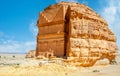 Entrance to ancient nabataean civilization Tomb of Lihyan, son of Kuza carved in rock,  Madain Salih, Hegra, Royalty Free Stock Photo