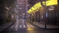 Entrance to a bar or nightclub on a dark street corner in a seedy downtown area at night. 3D rendering