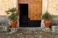 Entrance to the Bonany Sanctuary with two ceramic containers with palm trees Royalty Free Stock Photo