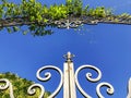 Entrance to the botanic garden in Tbilisi. Beautiful iron gate against the blue sky. Summer day in the city Royalty Free Stock Photo