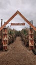 Entrance to corn maze and overcast sky