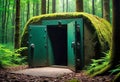 Entrance to a bunker with digital combination locks in the middle of a dense forest, a security hideout Royalty Free Stock Photo