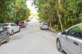 Entrance to caribbean coast beach with parked cars Tulum Mexico Royalty Free Stock Photo