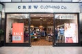 Entrance to Crew Clothing Co Fashion Clothing shop store showing window display, sign, signage, logo and branding