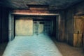 The entrance to the dark dungeon with walls of large concrete blocks and a ceiling of monolithic reinforced concrete, made in the