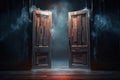 Entrance to dungeons and hell. A large open wooden door is shrouded in mist and cobwebs, generative AI