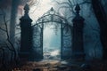 Entrance to dungeons and hell. A large wrought-iron gate to the garden, the park in an eerie fog, generative AI. Royalty Free Stock Photo