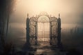 Entrance to dungeons and hell. A large wrought-iron gate to the garden, the park in an eerie fog, generative AI.