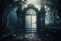 Entrance to dungeons and hell. A large wrought-iron gate to the garden, the park in an eerie fog, generative AI.