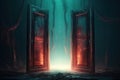 Entrance to dungeons and hell. A large open wooden door is shrouded in mist and cobwebs, generative AI