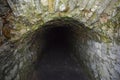 The entrance to the eerie dungeon. A corridor leading into the dark. Covered with rough stone Royalty Free Stock Photo