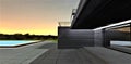 Entrance to an elite country hotel at night. Porch concrete steps. Reflective glass doors. Illumination of the facade and pool. 3d Royalty Free Stock Photo