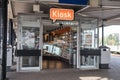 Entrance to food and drink concession stand on a railway platform