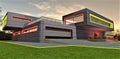 Entrance to a garage of the awesome suburban illuminated house at night. Aluminium lifting gate. Red luminous frame. 3d rendering