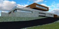 Entrance to the garage of a futuristic house with a concrete finish. Asphalted entrance with a slope. Lifting automatic metal