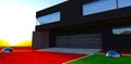 The entrance to the garage with heavy steel gate. Black brick facade. Beautiful mountains sunset behind the house. 3d rendering Royalty Free Stock Photo