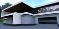 Entrance to the garage of a luxurious country house. Light asphalt pavement. Finishing of the house is gray marble. 3d render