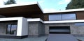 Entrance to the garage and porch of a modern luxury home. Facade finish slate. Steel lifting doors. 3d render Royalty Free Stock Photo