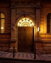 Entrance to a grand building with arched doorways illuminated at night in Prague, Czech Republic Royalty Free Stock Photo