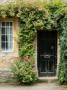 Entrance to a historic manor, framed by antique architectural elements and flanked by potted topiaries, features an aged door