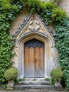 Entrance to a historic manor, framed by antique architectural elements and flanked by potted topiaries, features an aged door