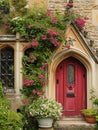 Entrance to a historic manor, framed by antique architectural elements and flanked by potted topiaries, features an aged door