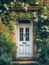 Entrance to a historic manor, framed by antique architectural elements and flanked by potted topiaries, features an aged door