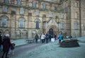 Entrance to medieval stone cathedral with romanesque windows. Exterior facade view. Durham Cathedral World Heritage Site